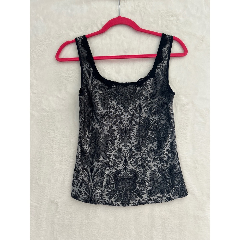 Arianne‎ Damask Brocade Lace Trim Tank Top Black Silver Grey Corset Style 5641 S